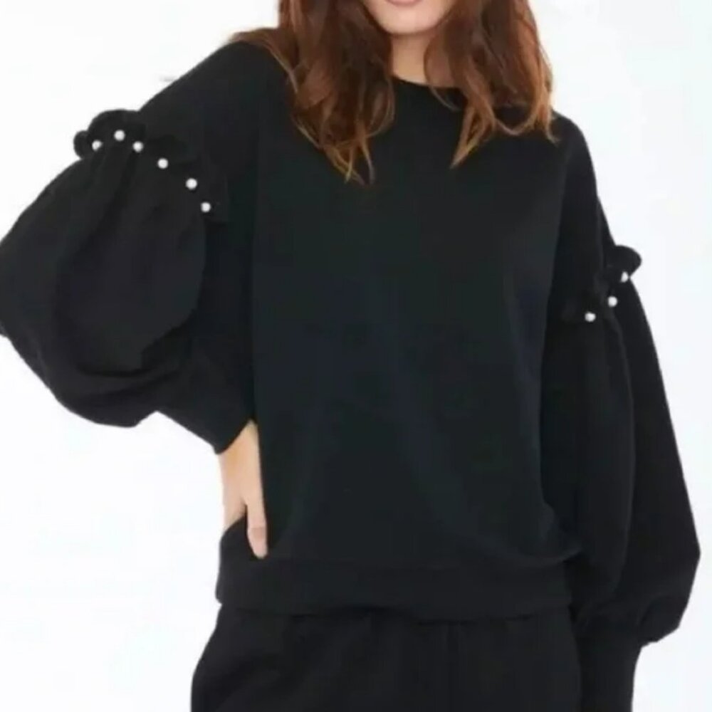 We Are Sundays Crew Neck Ruffle Long Sleeve Faux Pearl Sweatshirt in Black - NWT